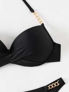 SHEIN Swim 女款海灘度假掛脖露背泳衣黑色比基尼套裝，附撐骨設計，適合夏季 - 黑色 - 查看 5