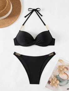 SHEIN Swim 女款海灘度假掛脖露背泳衣黑色比基尼套裝，附撐骨設計，適合夏季 - 黑色 - 查看 3