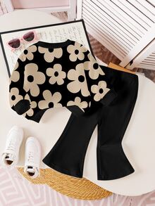 SHEIN Playful Pals 一套女婴休闲碎花圆领卫衣和喇叭裤套装，适合秋冬季外出穿着 - 彩色 - 查看 3