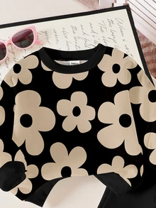SHEIN Playful Pals 一套女婴休闲碎花圆领卫衣和喇叭裤套装，适合秋冬季外出穿着 - 彩色 - 查看 4