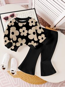 SHEIN Playful Pals 一套女婴休闲碎花圆领卫衣和喇叭裤套装，适合秋冬季外出穿着 - 彩色 - 查看 2