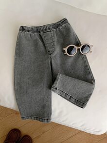男嬰休閒百搭時尚簡約實用柔軟舒適水洗丹寧直筒長褲，適合日常穿著、上學、外出，春夏秋冬四季皆宜 - 黑色 - 查看 2