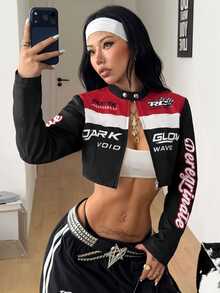 Coolane 女款秋冬保暖街頭風休閒時尚黑紅白運動字母印花拉鍊短版機車夾克 - 彩色 - 查看 4