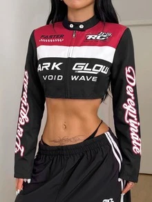 Coolane 女款秋冬保暖街頭風休閒時尚黑紅白運動字母印花拉鍊短版機車夾克 - 彩色 - 查看 3