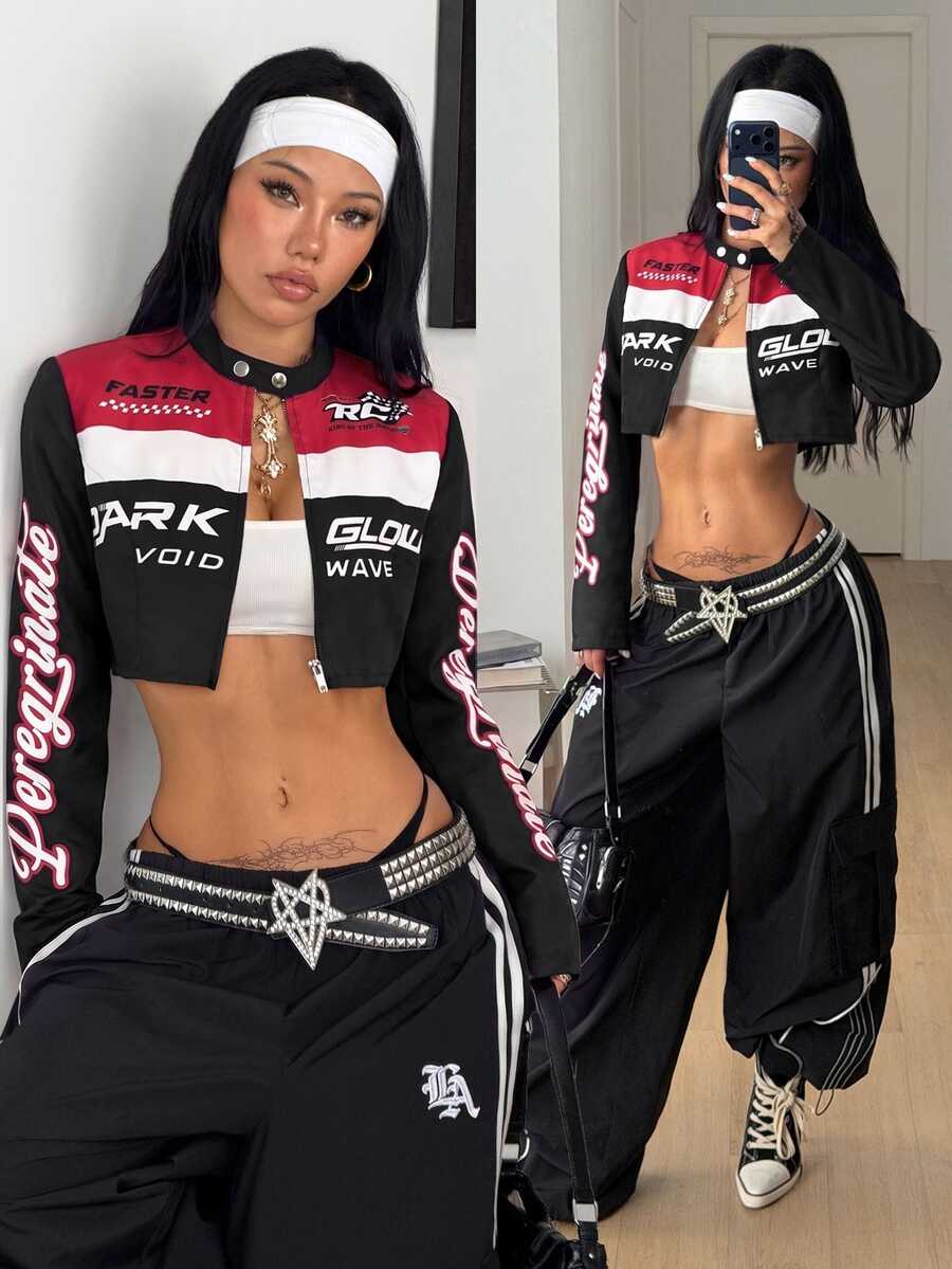 Coolane 女款秋冬保暖街頭風休閒時尚黑紅白運動字母印花拉鍊短版機車夾克 - 彩色 - 查看 1