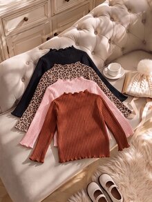 SHEIN 4件組女童秋季羅紋素色黑色與嬰兒粉荷葉邊長袖上衣，可愛T恤內搭衫，百搭仙女牛仔風時尚海灘泳裝 - 彩色 - 查看 2