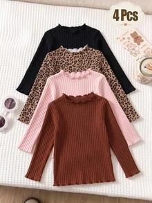 SHEIN 4件組女童秋季羅紋素色黑色與嬰兒粉荷葉邊長袖上衣，可愛T恤內搭衫，百搭仙女牛仔風時尚海灘泳裝 - 彩色 - 查看 8