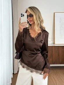 Easowa Women's Solid Color Contrast Lace V-Neck Asymmetrical Hem Elegant Blouse - Brown - View 4