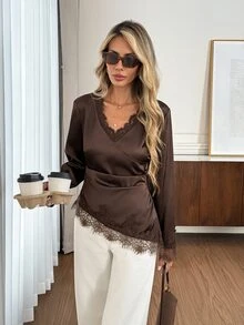 Easowa Women's Solid Color Contrast Lace V-Neck Asymmetrical Hem Elegant Blouse - Brown - View 3