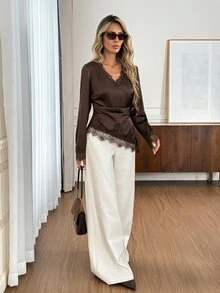 Easowa Women's Solid Color Contrast Lace V-Neck Asymmetrical Hem Elegant Blouse - Brown - View 7