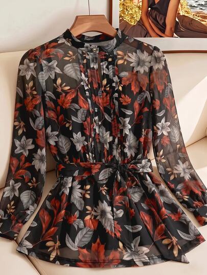 SHEIN Clasi Women's Vintage Floral & Leaf Print Round Neck Long Sleeve Elegant Blouse, Casual Commute Autumn/Winter