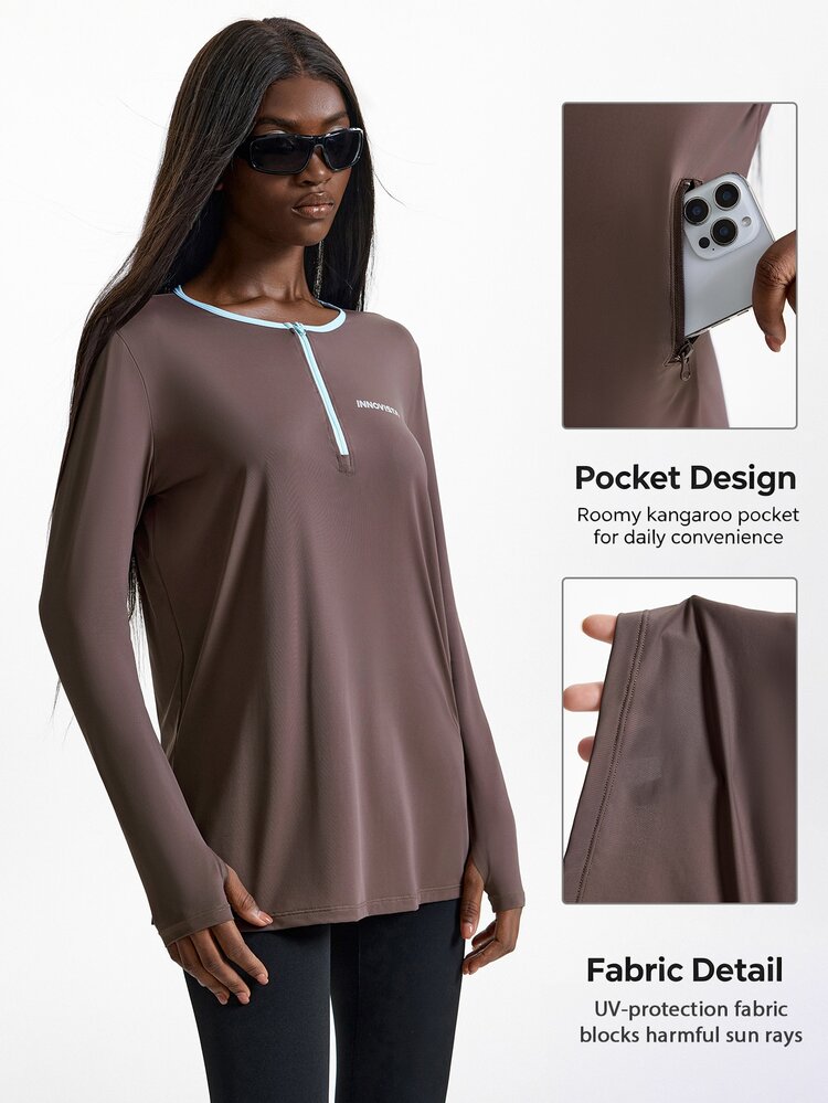 Innovista Innovista Women's UPF 40+ Letter Print Color Block Half-Zip Long Sleeve Sports T-Shirt Loose Fit Gym Workout Yoga Pilates Tennis Fitness تيشيرت رياضي واسع بسحاب - Brown - View 2