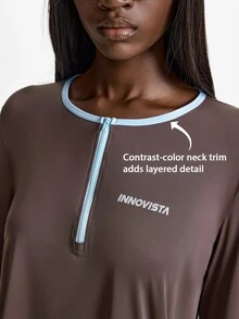 Innovista Innovista 女款 UPF 40+ 字母印花拼色半拉鍊長袖運動 T 恤 寬鬆版型 健身運動瑜伽皮拉提斯網球健身衫 - 棕色 - 查看 10