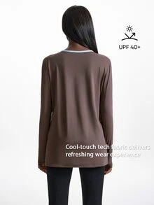 Innovista Innovista 女款 UPF 40+ 字母印花拼色半拉鍊長袖運動 T 恤 寬鬆版型 健身運動瑜伽皮拉提斯網球健身衫 - 棕色 - 查看 7