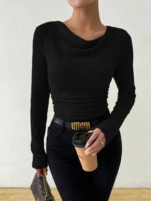 SHEIN Retro Asymmetrical Mandarin Collar Brushed Textured Ruched Slim Fit Long Sleeve T-Shirt Fall Cloth For Women - Black - View 7