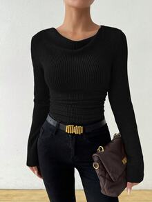 SHEIN Retro Asymmetrical Mandarin Collar Brushed Textured Ruched Slim Fit Long Sleeve T-Shirt Fall Cloth For Women - Black - View 5