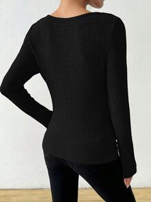 SHEIN Retro Asymmetrical Mandarin Collar Brushed Textured Ruched Slim Fit Long Sleeve T-Shirt Fall Cloth For Women - Black - View 4