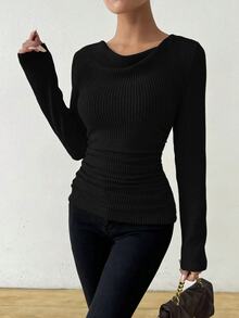 SHEIN Retro Asymmetrical Mandarin Collar Brushed Textured Ruched Slim Fit Long Sleeve T-Shirt Fall Cloth For Women - Black - View 9