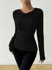 SHEIN Retro Asymmetrical Mandarin Collar Brushed Textured Ruched Slim Fit Long Sleeve T-Shirt Fall Cloth For Women - Black - View 8