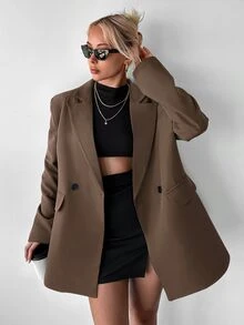 Ritzy Row Women's Casual OVERSIZE Padded Shoulder Mid-Length Double-Breasted Blazer - Coffee Brown - View 6