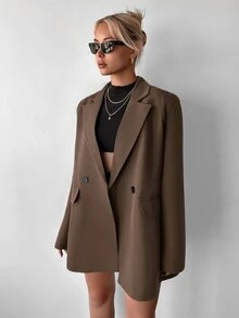 Ritzy Row Women's Casual OVERSIZE Padded Shoulder Mid-Length Double-Breasted Blazer - Coffee Brown - View 8