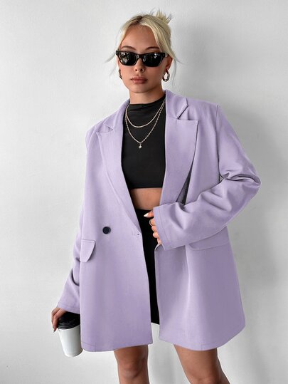Ritzy Row Women's Casual Oversized Padded Shoulder Mid-Length Double-Breasted Blazer