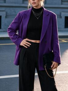 Ritzy Row Women's Casual Oversized Padded Shoulder Mid-Length Double-Breasted Blazer - Purple - View 3