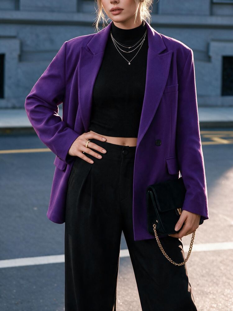 Ritzy Row Women's Casual Oversized Padded Shoulder Mid-Length Double-Breasted Blazer - Purple - View 3