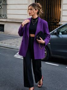 Ritzy Row Women's Casual Oversized Padded Shoulder Mid-Length Double-Breasted Blazer - Purple - View 2