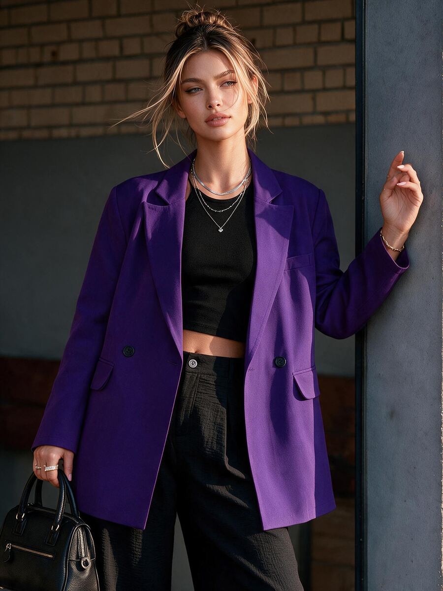 Ritzy Row Women's Casual Oversized Padded Shoulder Mid-Length Double-Breasted Blazer - Purple - View 1
