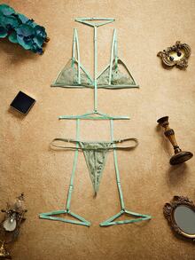 PinupPomp Set Pakaian Dalam Seksi Wanita dengan Bra dan Celana Dalam Thong Berenda dan Tali Spaghetti - Cadet Blue - View 2