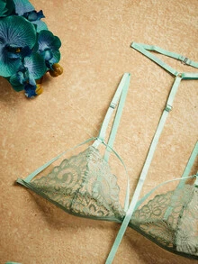 PinupPomp Set Pakaian Dalam Seksi Wanita dengan Bra dan Celana Dalam Thong Berenda dan Tali Spaghetti - Cadet Blue - View 3