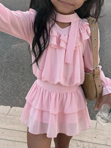 Elladie kids 女孩溫柔甜美公主風粉色套裝，適合半正式派對、1歲生日、7歲生日、度假、海邊出遊、秋季 - 粉色 - 查看 1