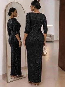 SHEIN Lady CURVE Plus Size Women's Elegant Ruched Waist Slit Design Party Dress - Black - View 2
