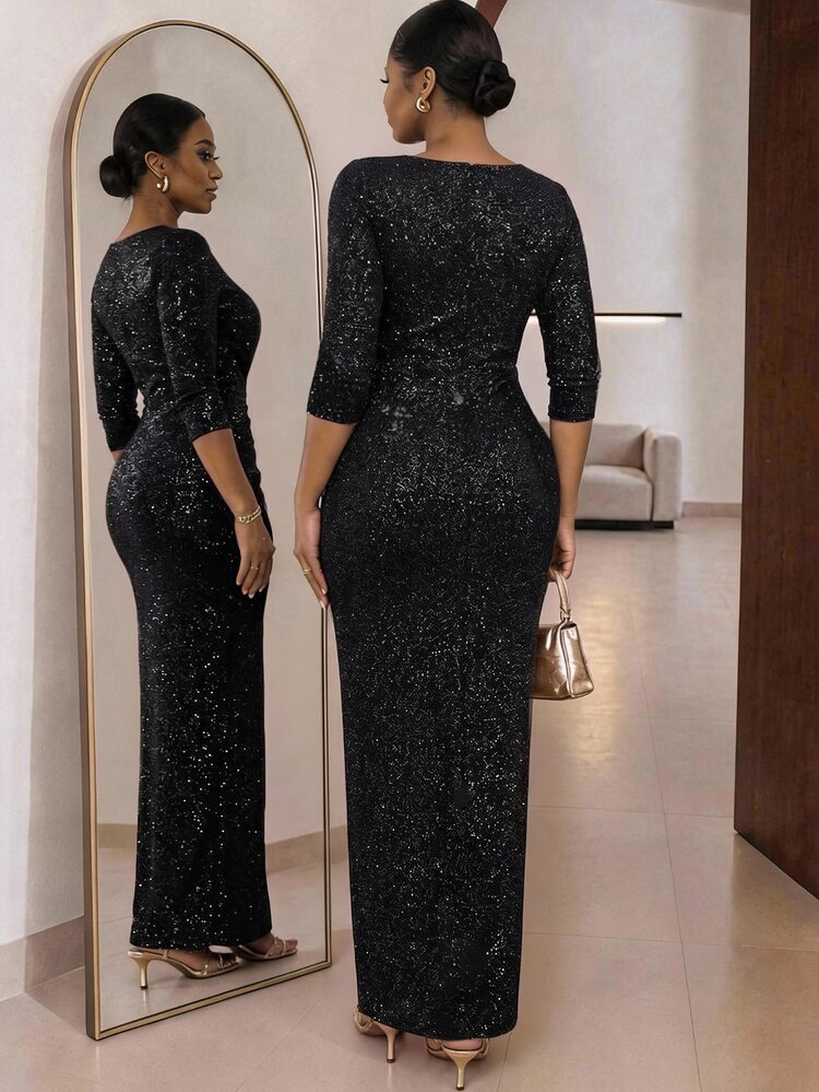 SHEIN Lady CURVE Plus Size Women's Elegant Ruched Waist Slit Design Party Dress - Black - View 2