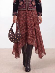 Zivah Rok Wanita Motif Bunga dengan Hemline Asimetris untuk Liburan - Burgundy - View 5