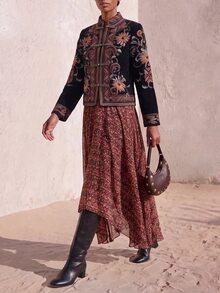Zivah Rok Wanita Motif Bunga dengan Hemline Asimetris untuk Liburan - Burgundy - View 8