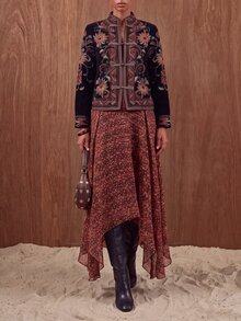 Zivah Rok Wanita Motif Bunga dengan Hemline Asimetris untuk Liburan - Burgundy - View 10