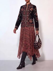 Zivah Rok Wanita Motif Bunga dengan Hemline Asimetris untuk Liburan - Burgundy - View 11
