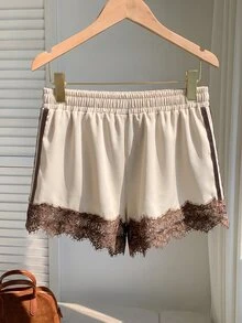 Comfortcana Women's Casual Comfortable Apricot & Brown Lace Patchwork Shorts - Apricot - View 5
