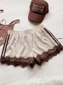 Comfortcana Women's Casual Comfortable Apricot & Brown Lace Patchwork Shorts - Apricot - View 2