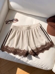 Comfortcana Women's Casual Comfortable Apricot & Brown Lace Patchwork Shorts - Apricot - View 3