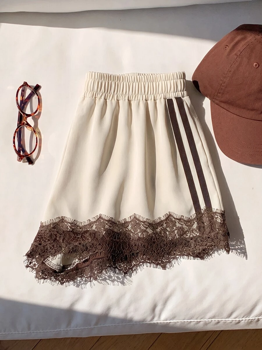 Comfortcana Women's Casual Comfortable Apricot & Brown Lace Patchwork Shorts - Apricot - View 1