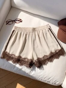 Comfortcana Women's Casual Comfortable Apricot & Brown Lace Patchwork Shorts - Apricot - View 6