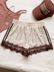 Comfortcana Women's Casual Comfortable Apricot & Brown Lace Patchwork Shorts - Apricot - View 7