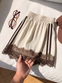 Comfortcana Women's Casual Comfortable Apricot & Brown Lace Patchwork Shorts - Apricot - View 4