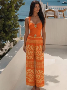 Sunnyshic Women's 2-Piece Summer Beach Vacation Swimsuit Set With Ruched Front Top, Shell Accents, Random Print Long Pants - Multicolor - View 3