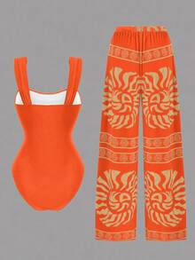 Sunnyshic Women's 2-Piece Summer Beach Vacation Swimsuit Set With Ruched Front Top, Shell Accents, Random Print Long Pants - Multicolor - View 6