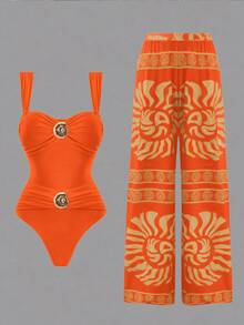 Sunnyshic Women's 2-Piece Summer Beach Vacation Swimsuit Set With Ruched Front Top, Shell Accents, Random Print Long Pants - Multicolor - View 5