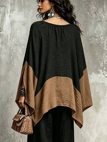Trelyra Fall Winter Boho Color Block Batwing Sleeve Blouse, Elastic Gathered Neck Loose Goingout Vacation Top For Halloween Christmas Holiday Occasions Black - Multicolor - View 3